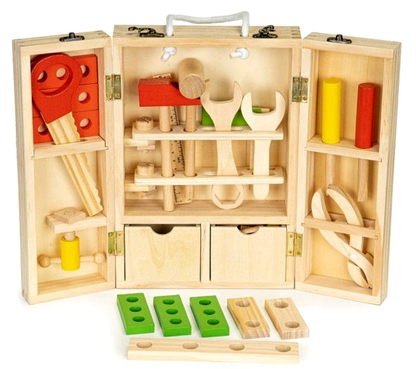 Atelier de lucru din lemn THE LITTLE WORKSHOP, Dimensiuni pachet 35 x25 x 9 cm, Include 10 unelte, cuie, suruburi, saibe, cleste, ciocan, rafturi, sertare Ajuta la dezvoltare abilitatilor manuale si imaginatiei