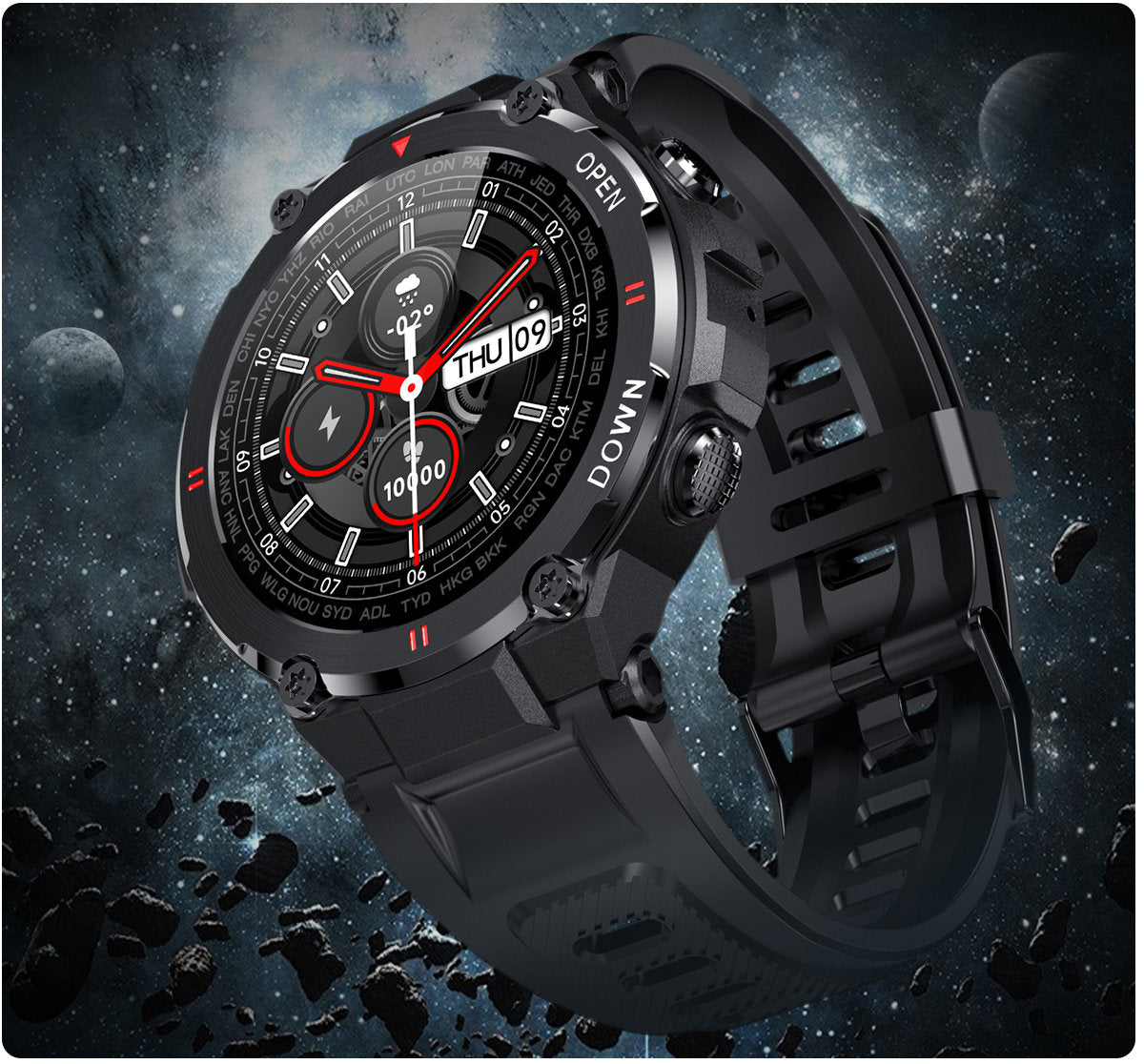 Smartwatch idealStore Military Watch, Materiale de inalta Calitate, 7 moduri Sportive, Pedometru, Memento, Full Touch, Impermeabil, Monitorizare Sanatate, Respingere Apel, Culoare Negru