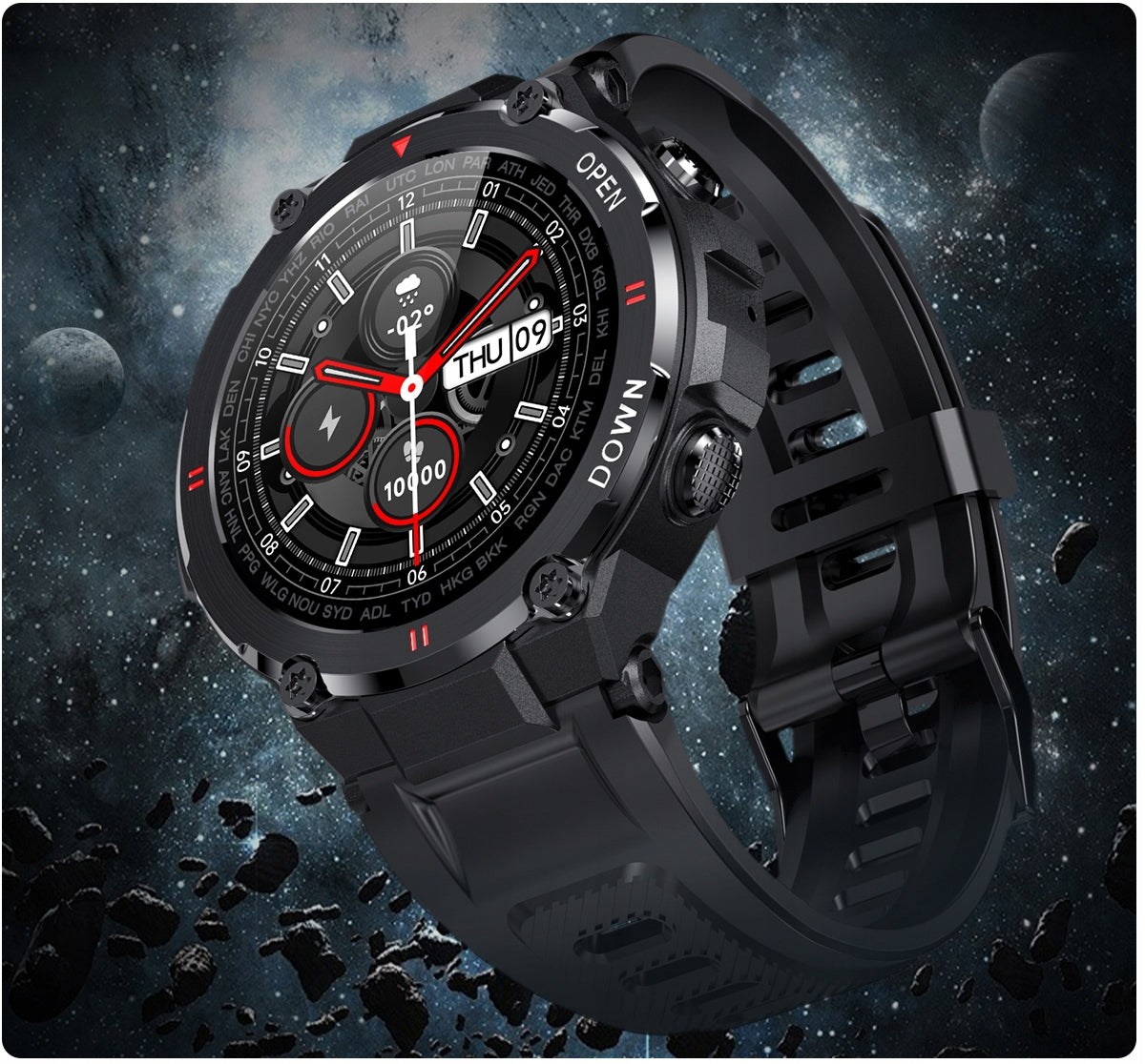 Smartwatch idealStore Military Watch, Materiale de inalta Calitate, 7 moduri Sportive, Pedometru, Memento, Full Touch, Impermeabil, Monitorizare Sanatate, Respingere Apel, Culoare Negru