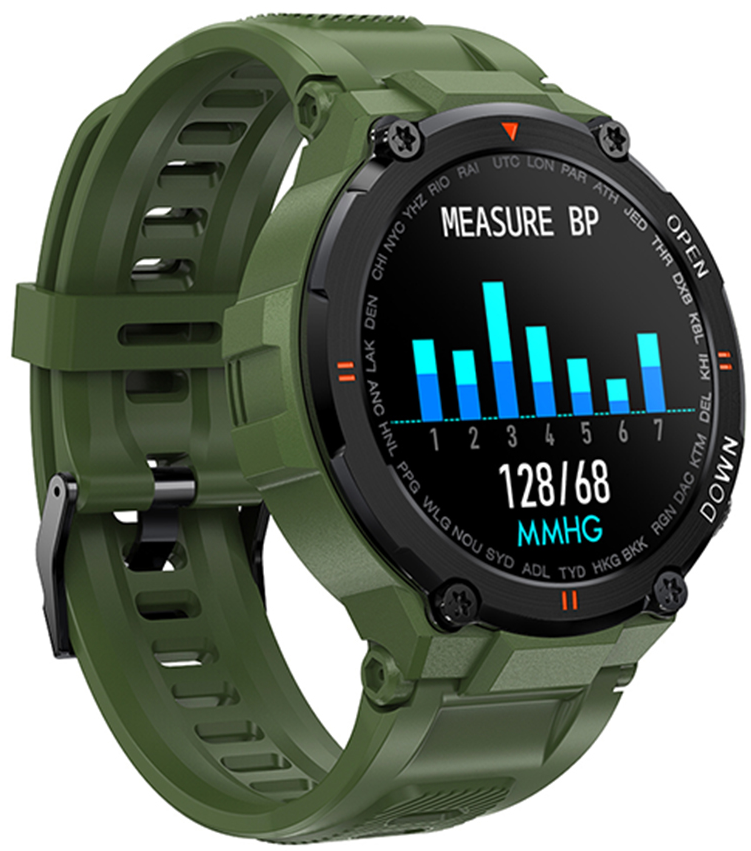 Smartwatch idealStore Military Watch, Materiale de inalta Calitate, 7 moduri Sportive, Pedometru, Memento, Full Touch, Impermeabil, Monitorizare Sanatate, Respingere Apel, Culoare Kaki