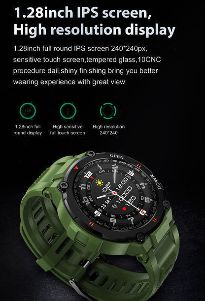 Smartwatch idealStore Military Watch, Materiale de inalta Calitate, 7 moduri Sportive, Pedometru, Memento, Full Touch, Impermeabil, Monitorizare Sanatate, Respingere Apel, Culoare Kaki