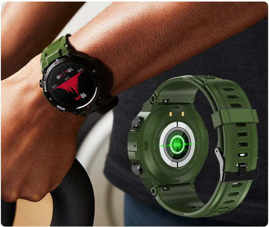 Smartwatch idealStore Military Watch, Materiale de inalta Calitate, 7 moduri Sportive, Pedometru, Memento, Full Touch, Impermeabil, Monitorizare Sanatate, Respingere Apel, Culoare Kaki