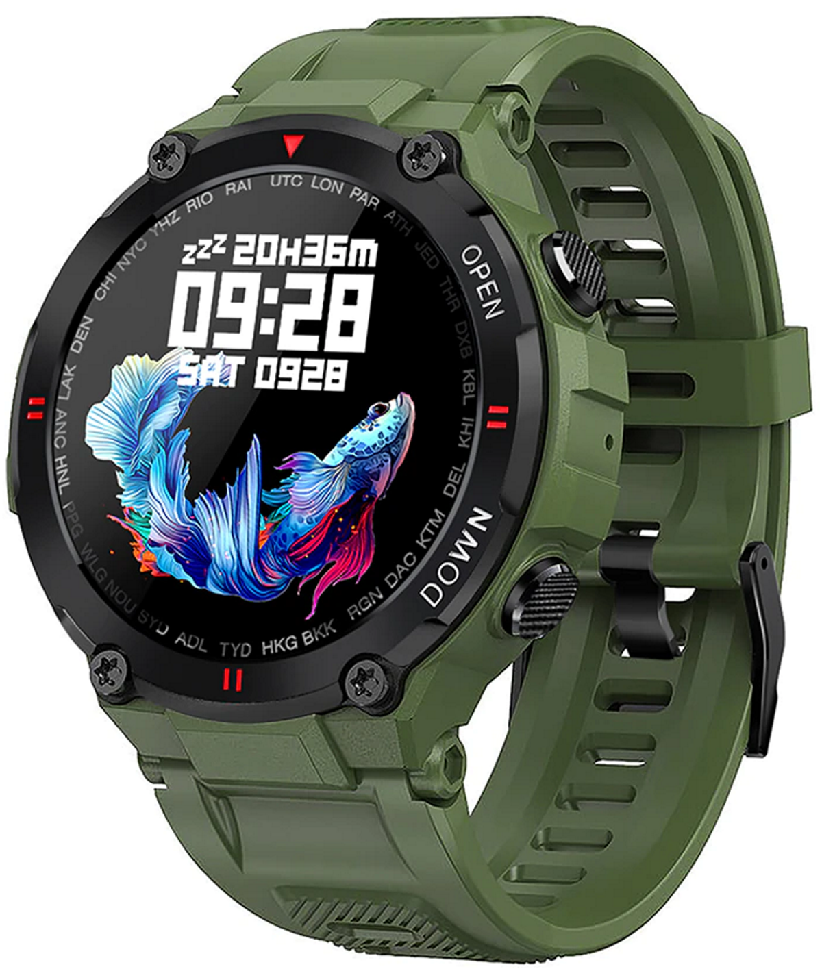 Smartwatch idealStore Military Watch, Materiale de inalta Calitate, 7 moduri Sportive, Pedometru, Memento, Full Touch, Impermeabil, Monitorizare Sanatate, Respingere Apel, Culoare Kaki