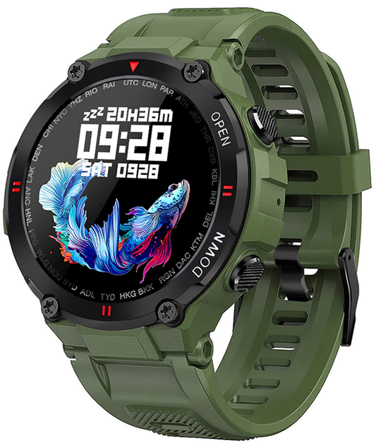 Smartwatch idealStore Military Watch, Materiale de inalta Calitate, 7 moduri Sportive, Pedometru, Memento, Full Touch, Impermeabil, Monitorizare Sanatate, Respingere Apel, Culoare Kaki