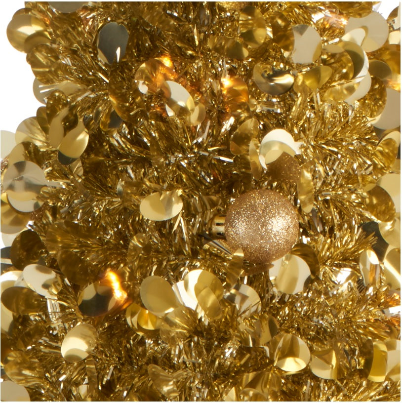 Mini Brad artificial elegant IDL cu Beteala, Inaltime 50 cm, Latime 20cm, Culoare Auriu, Culoare Led Alb Cald, pentru o ambienta de neuitat in timpul sarbatorilor