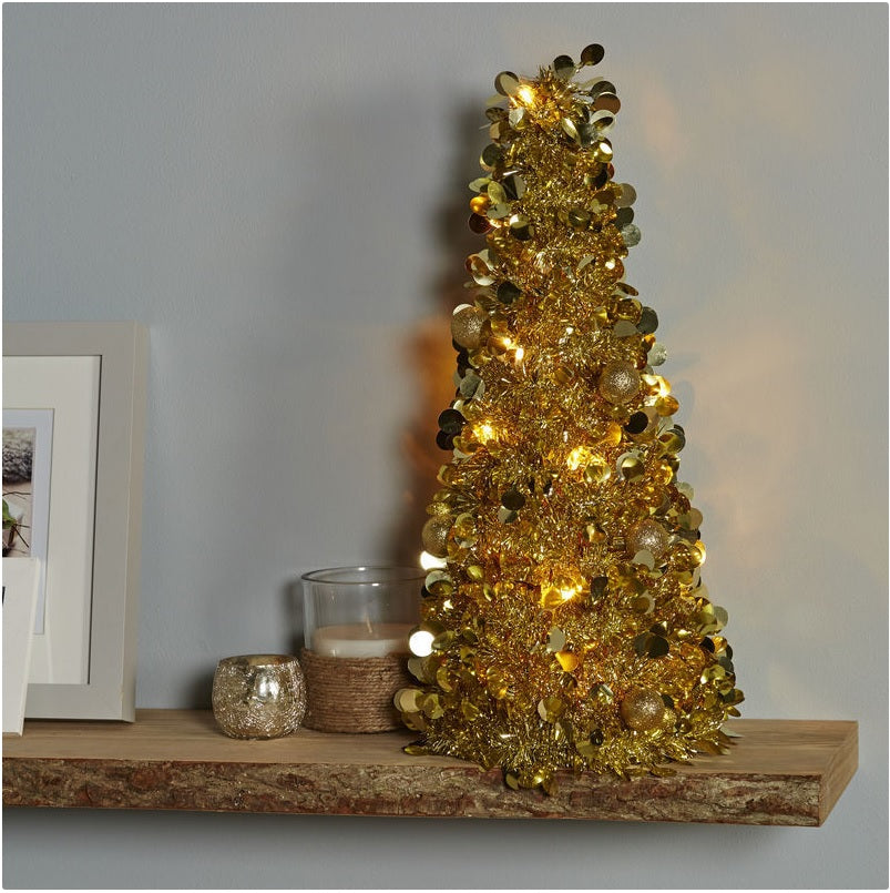 Mini Brad artificial elegant IDL cu Beteala, Inaltime 50 cm, Latime 20cm, Culoare Auriu, Culoare Led Alb Cald, pentru o ambienta de neuitat in timpul sarbatorilor