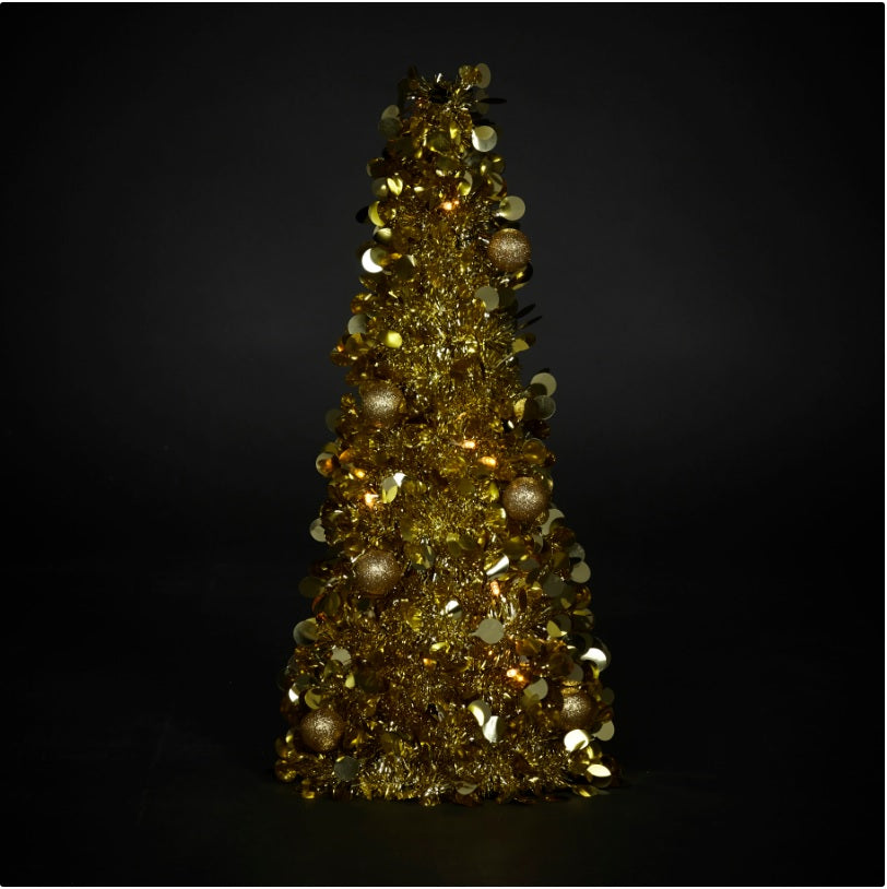 Mini Brad artificial elegant IDL cu Beteala, Inaltime 50 cm, Latime 20cm, Culoare Auriu, Culoare Led Alb Cald, pentru o ambienta de neuitat in timpul sarbatorilor