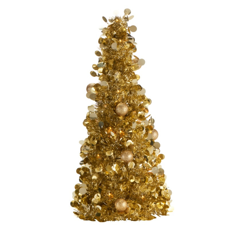 Mini Brad artificial elegant IDL cu Beteala, Inaltime 50 cm, Latime 20cm, Culoare Auriu, Culoare Led Alb Cald, pentru o ambienta de neuitat in timpul sarbatorilor