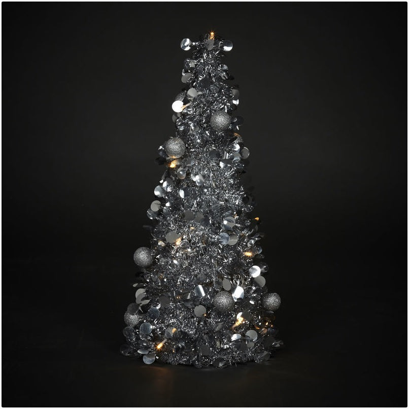 Mini Brad artificial elegant IDL cu Beteala, Inaltime 50 cm, Latime 20cm, Culoare Argintiu, Culoare Led Alb Cald, pentru o ambienta de neuitat in timpul sarbatorilor