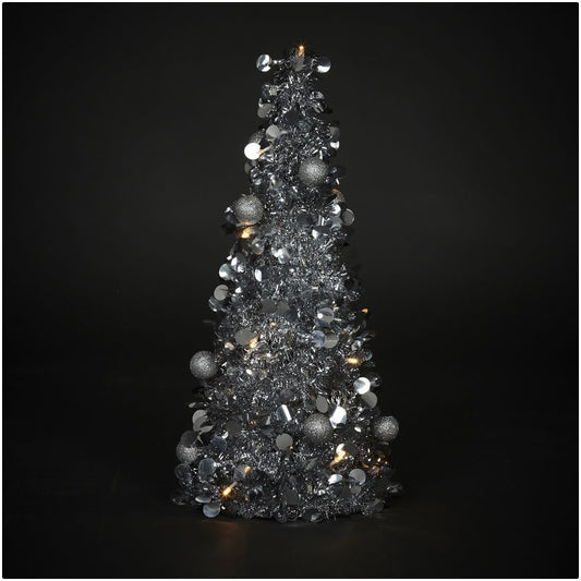 Mini Brad artificial elegant IDL cu Beteala, Inaltime 50 cm, Latime 20cm, Culoare Argintiu, Culoare Led Alb Cald, pentru o ambienta de neuitat in timpul sarbatorilor