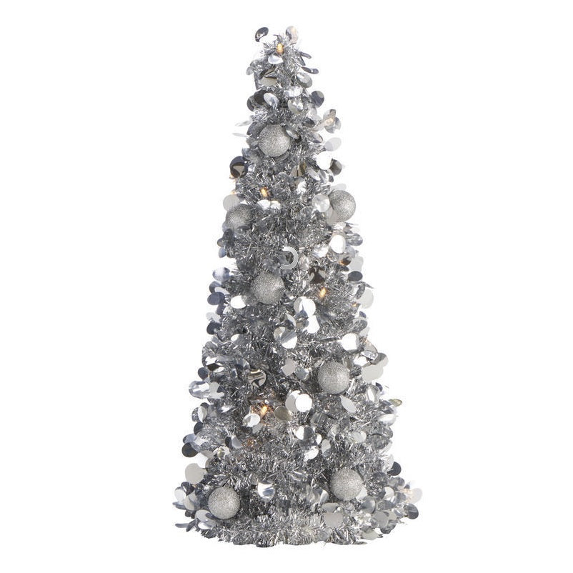 Mini Brad artificial elegant IDL cu Beteala, Inaltime 50 cm, Latime 20cm, Culoare Argintiu, Culoare Led Alb Cald, pentru o ambienta de neuitat in timpul sarbatorilor