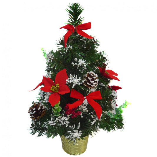 Mini Bradut IDL, INALTIME 45 cm, Culoare Verde- Rosu - Auriu ce creeaza un decor de poveste la masa de Craciun, Alcatuit din elemente simbolice: fundite rosii, conuri si crengute organizate intr-un mini ghiveci