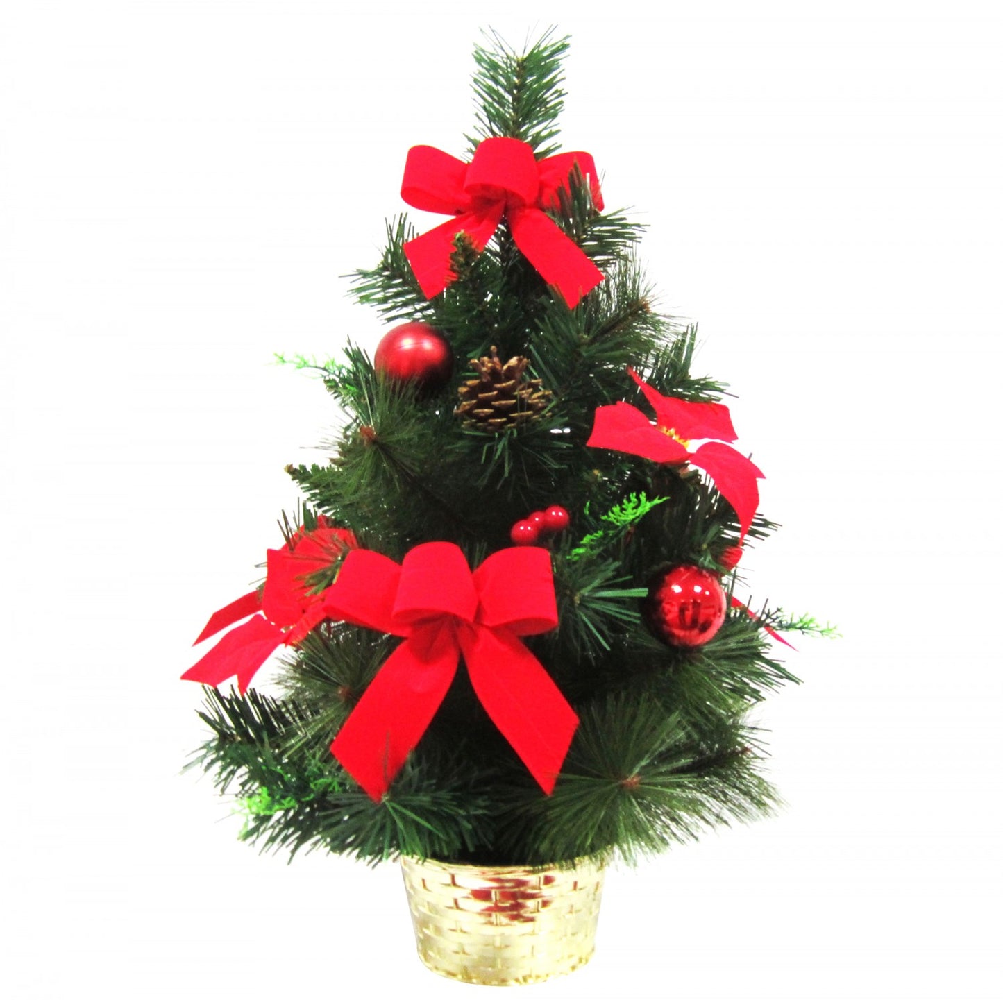 Mini Bradut IDL, INALTIME 65 cm, Culoare Verde - Rosu - Auriu ce creeaza un decor de poveste la masa de Craciun, Alcatuit din elemente simbolice: fundite rosii, conuri si crengute organizate intr-un mini ghiveci