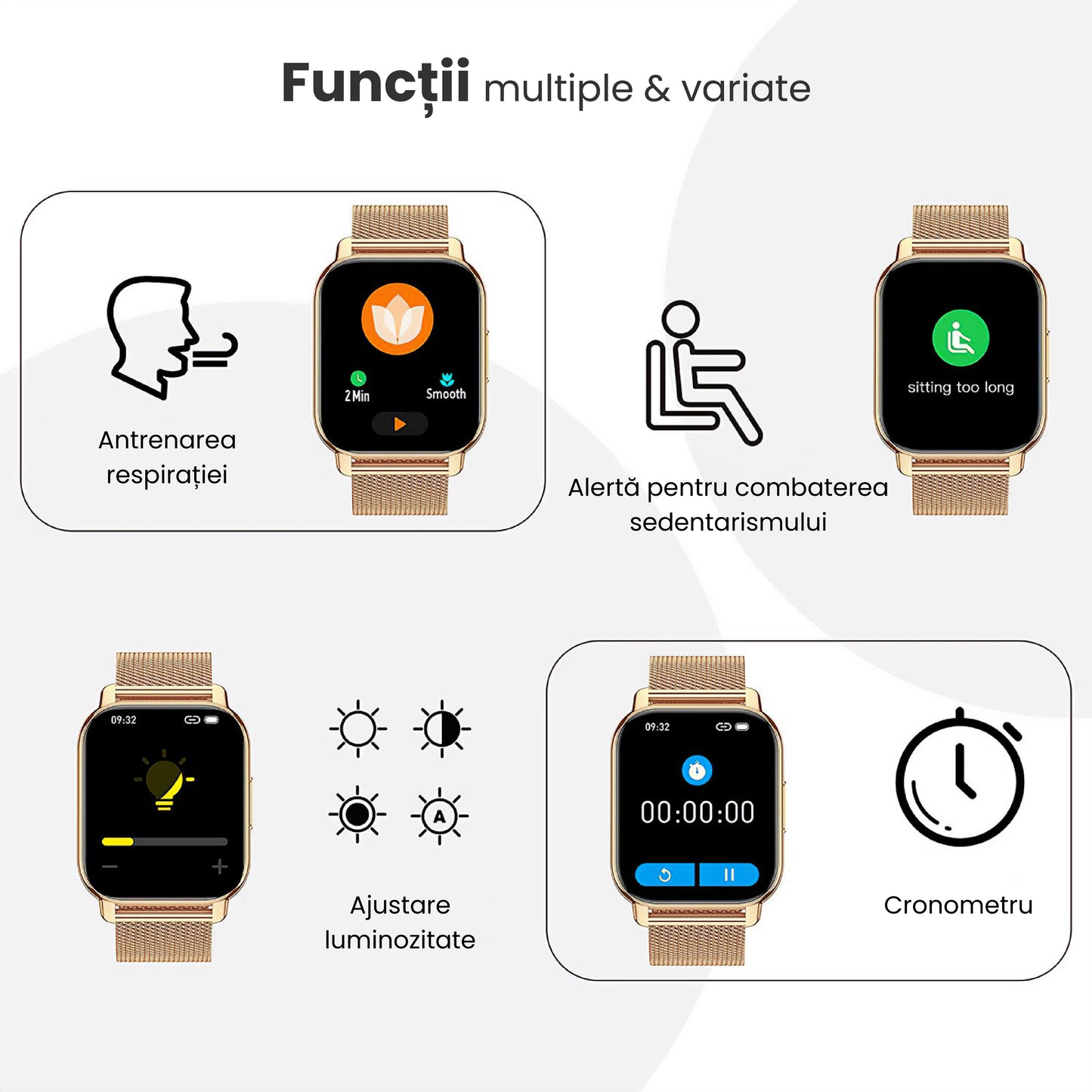 Ceas Smartwatch ModernWatchIdealStore, Ecran AMOLED HD 1.78 inch, Preluare Apeluri si Mesaje Bluetooth, NFC, Monitorizare Ritm Cardiac si Somn, Asistent Vocal, Difuzor si Microfon incorporat, IP67, Alarma, Android-IOS, Long Battery, Gold Metal Edition