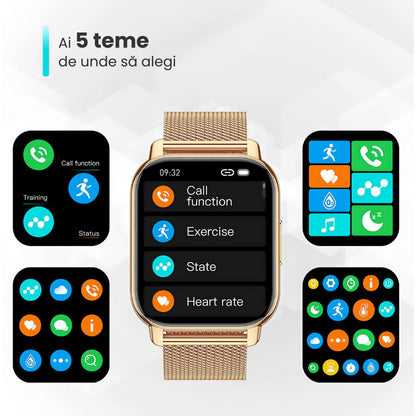 Ceas Smartwatch ModernWatchIdealStore, Ecran AMOLED HD 1.78 inch, Preluare Apeluri si Mesaje Bluetooth, NFC, Monitorizare Ritm Cardiac si Somn, Asistent Vocal, Difuzor si Microfon incorporat, IP67, Alarma, Android-IOS, Long Battery, Gold Metal Edition