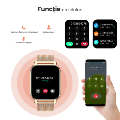 Ceas Smartwatch ModernWatchIdealStore, Ecran AMOLED HD 1.78 inch, Preluare Apeluri si Mesaje Bluetooth, NFC, Monitorizare Ritm Cardiac si Somn, Asistent Vocal, Difuzor si Microfon incorporat, IP67, Alarma, Android-IOS, Long Battery, Gold Metal Edition