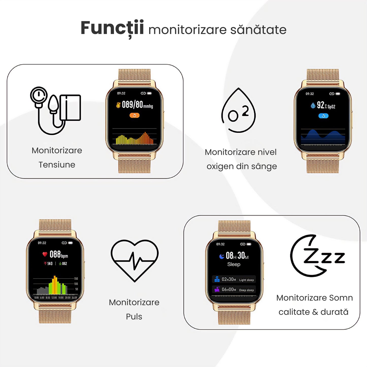 Ceas Smartwatch ModernWatchIdealStore, Ecran AMOLED HD 1.78 inch, Preluare Apeluri si Mesaje Bluetooth, NFC, Monitorizare Ritm Cardiac si Somn, Asistent Vocal, Difuzor si Microfon incorporat, IP67, Alarma, Android-IOS, Long Battery, Gold Metal Edition