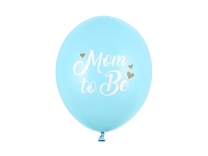 Set 6 baloane MOM TO BE IdealStore, Dimensiune 30 cm, Baloane albastre cu imprimeu Alb din Latex, Ideale pentru petrecerea Baby Shower
