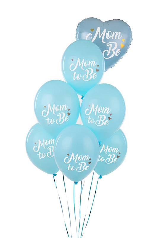 Set 6 baloane MOM TO BE IdealStore, Dimensiune 30 cm, Baloane albastre cu imprimeu Alb din Latex, Ideale pentru petrecerea Baby Shower