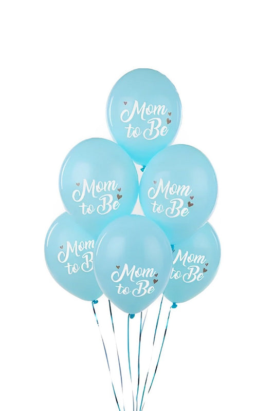 Set 6 baloane MOM TO BE IdealStore, Dimensiune 30 cm, Baloane albastre cu imprimeu Alb din Latex, Ideale pentru petrecerea Baby Shower