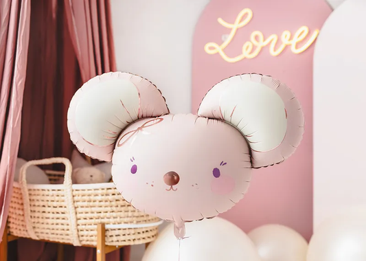 Balon Little Mouse IdealStore, Din folie in forma soarece, De culoare roz cu impriumeu auriu metalic, Dimensiune 94 x 64 cm, Poate fi umflat atat cu Aer cat si cu Heliu, Ideal pentru o petrecere reusita