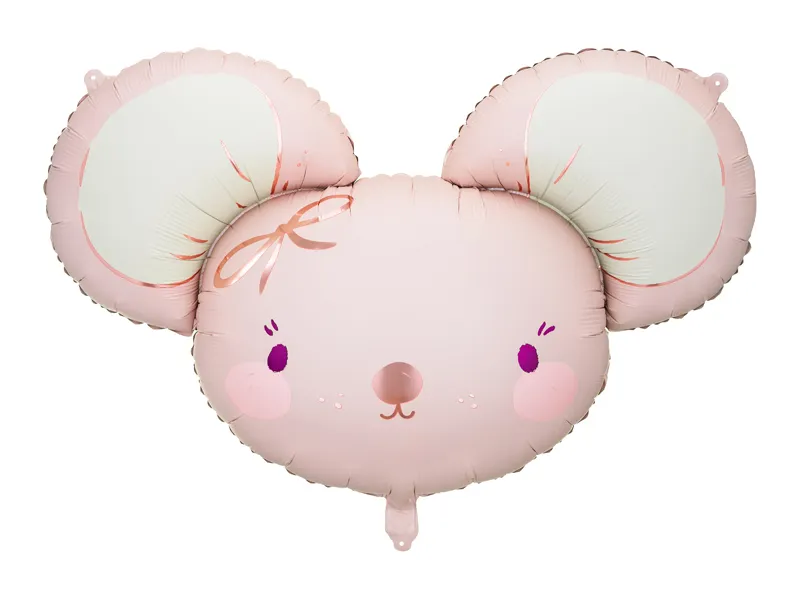 Balon Little Mouse IdealStore, Din folie in forma soarece, De culoare roz cu impriumeu auriu metalic, Dimensiune 94 x 64 cm, Poate fi umflat atat cu Aer cat si cu Heliu, Ideal pentru o petrecere reusita