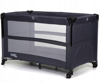 Patut Turistic Pliabil idealSTORE, Constructie Metalica Solida, 2 Fete de Plasa, 2 Etaje, Protectie dubla impotriva plierii, Include Geanta de transport, Roti pentru deplasare rapida, Saltea Moale si Pliabila