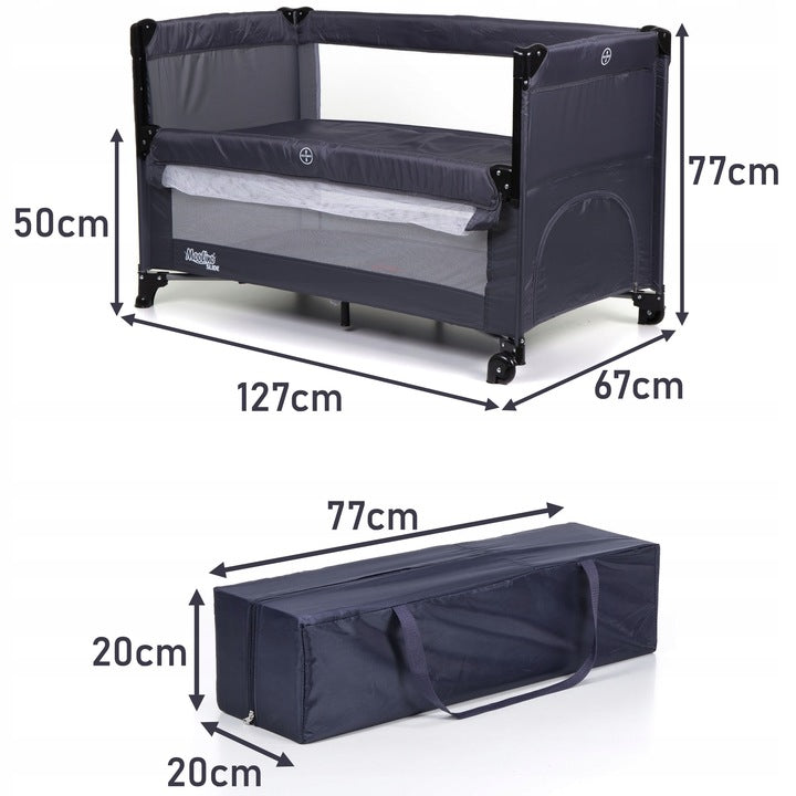 Patut Turistic Pliabil idealSTORE, Constructie Metalica Solida, 2 Fete de Plasa, 2 Etaje, Protectie dubla impotriva plierii, Include Geanta de transport, Roti pentru deplasare rapida, Saltea Moale si Pliabila