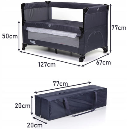 Patut Turistic Pliabil idealSTORE, Constructie Metalica Solida, 2 Fete de Plasa, 2 Etaje, Protectie dubla impotriva plierii, Include Geanta de transport, Roti pentru deplasare rapida, Saltea Moale si Pliabila