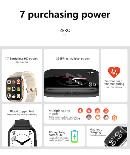 Ceas SmartWatch ZeroFit idealStore, Ultra Slim 1.7', Monitorizare Ritm Cardicac, Tensiunea Arteriala 24/7, Notificari Apeluri/Mesaje, Multi Sport, Autonomie Ridicata, Rezistent la Apa, Argintiu Verde