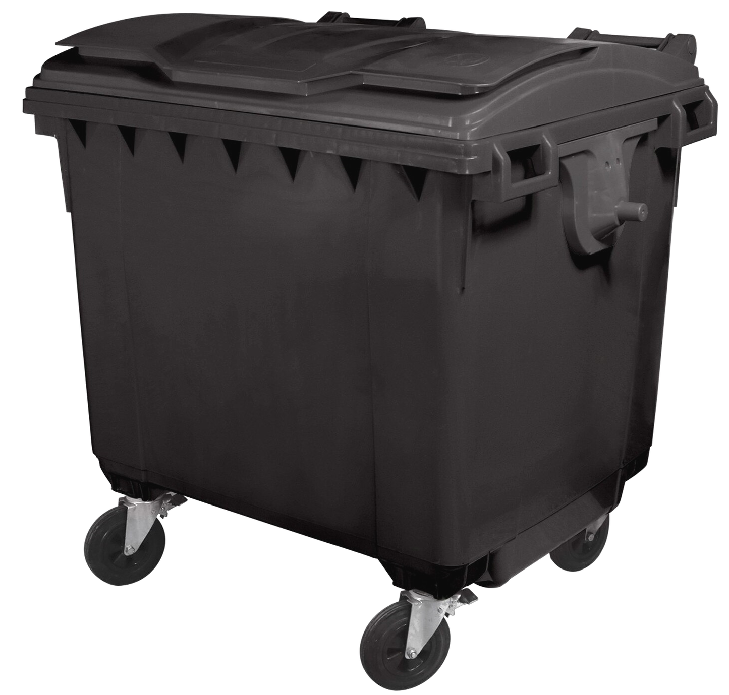Container Profesional idealStore EcoPub, capac Plat, Roti cu rotire 360, Plastic Virgin, Metal Zincat, Rezistent la caldura-inghet si substante chimice, 660 L, Negru