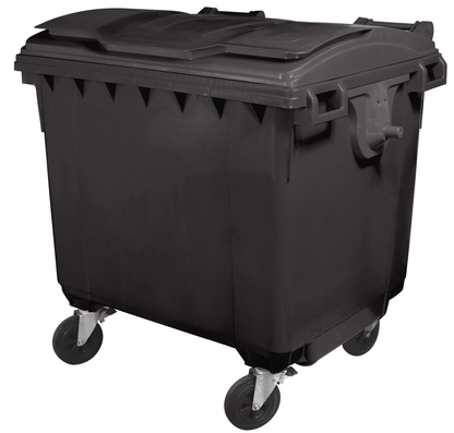 Container Profesional idealStore EcoPub, capac Plat, Roti cu rotire 360, Plastic Virgin, Metal Zincat, Rezistent la caldura-inghet si substante chimice, 660 L, Negru