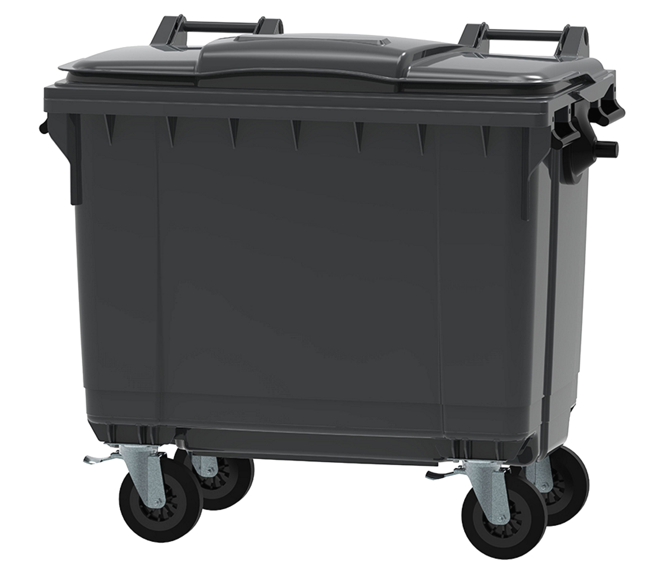 Container Profesional idealStore EcoPub, capac Plat, Roti cu rotire 360, Plastic Virgin, Metal Zincat, Rezistent la caldura-inghet si substante chimice, 660 L, Negru