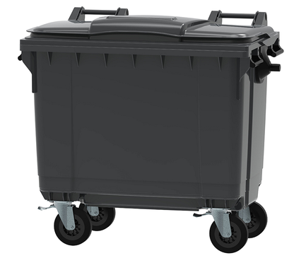 Container Profesional idealStore EcoPub, capac Plat, Roti cu rotire 360, Plastic Virgin, Metal Zincat, Rezistent la caldura-inghet si substante chimice, 660 L, Negru