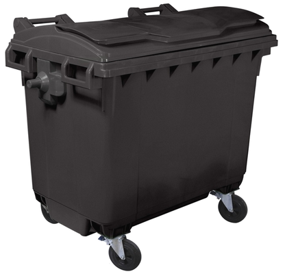 Container Profesional idealStore EcoPub, capac Plat, Roti cu rotire 360, Plastic Virgin, Metal Zincat, Rezistent la caldura-inghet si substante chimice, 660 L, Negru