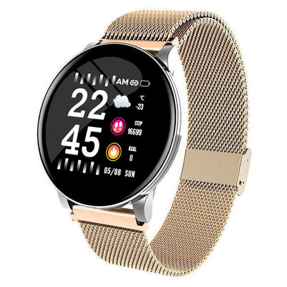 Ceas SmartWatch si Bratara Fitness 2in1 BestProof Extra 8, Monitorizare pasi si distanta, Detectarea frecventei cardiace, Functie Anti-lost, Afisaj Meteo, Notificari apeluri/mesaje, Impermeabilitate IP67, Metalic Gold