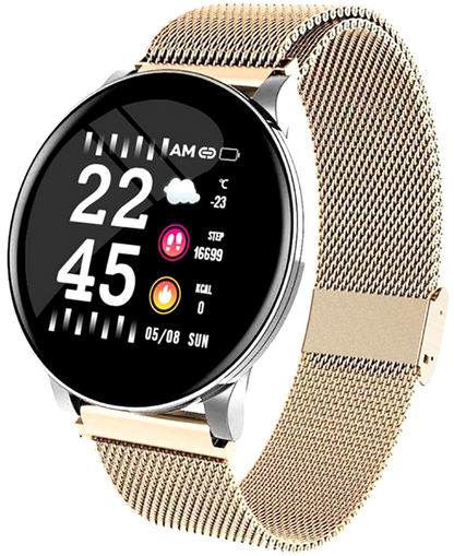 Ceas SmartWatch si Bratara Fitness 2in1 BestProof Extra 8, Monitorizare pasi si distanta, Detectarea frecventei cardiace, Functie Anti-lost, Afisaj Meteo, Notificari apeluri/mesaje, Impermeabilitate IP67, Metalic Gold