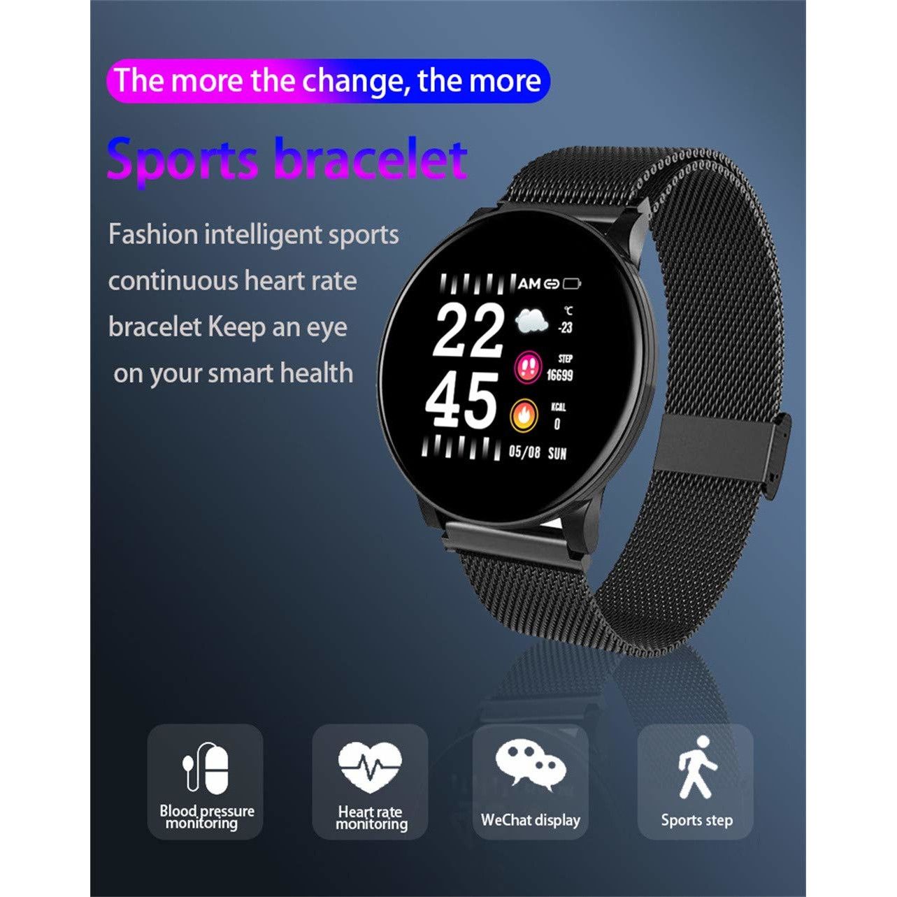 Ceas SmartWatch si Bratara Fitness 2in1 BestProof Extra 8, Monitorizare pasi si distanta, Detectarea frecventei cardiace, Functie Anti-lost, Afisaj Meteo, Notificari apeluri/mesaje, Impermeabilitate IP67, Metalic Negru