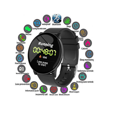 Ceas SmartWatch si Bratara Fitness 2in1 BestProof Extra 8, Monitorizare pasi si distanta, Detectarea frecventei cardiace, Functie Anti-lost, Afisaj Meteo, Notificari apeluri/mesaje, Impermeabilitate IP67, Silicon Negru