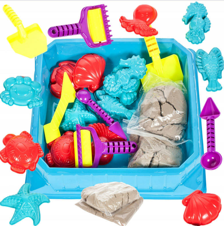 Set de modelat idealStore Nisip Kinetic cu 8 Matrite, 4 Ustensile, Cutie Depozitare Nisip Kinetic