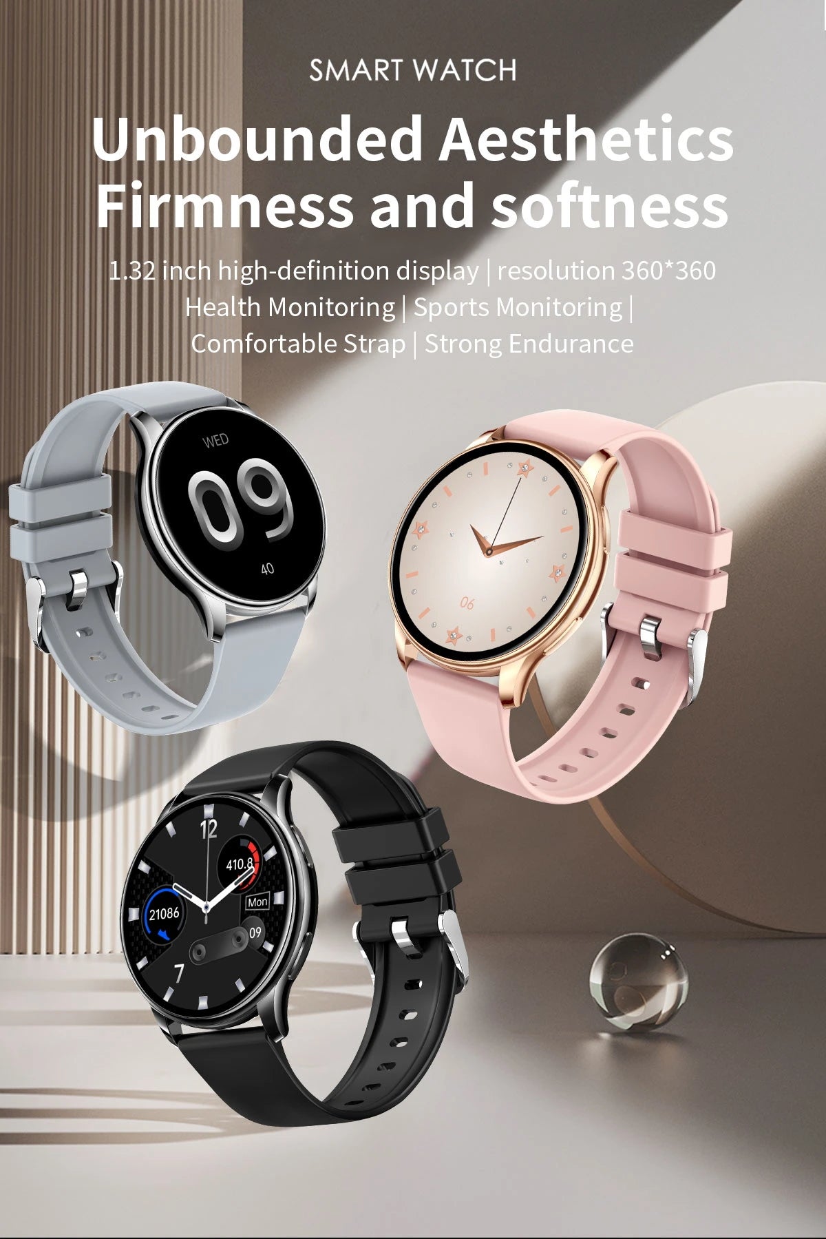 Ceas Smartwatch OPPOS idealStore, Ecran HD 1.32 inch, Notificari Apeluri/Mesaje/App, Rezistent la Apa, Monitor Frecventa Cardiaca, Somn, Momento Menstrual, Termometru Corporal, Multi Sport, Compatibil iOS si Android, Auriu