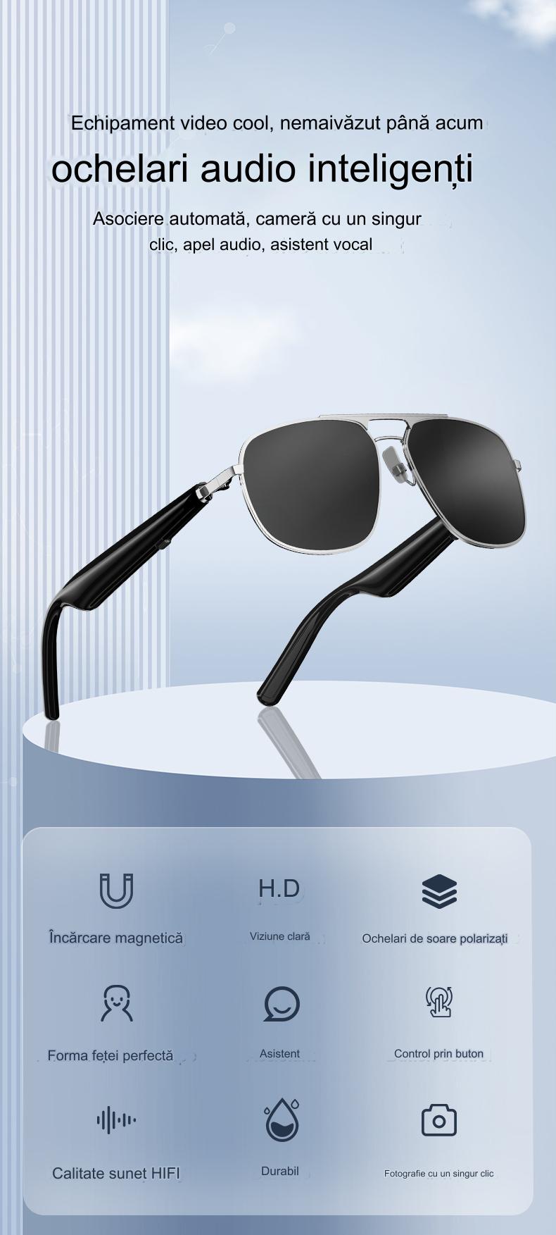 Ochelari de Soare Inteligenti Optimo Star idealSTORE, Bluetooth V5.0, Android/IOS, 2 Difuzoare, Voice Assistant, Apel Audie Smart, Control Muzica, Functie Camera, UV400, Impermeabili, Lentile Polarizate, Sistem Anti-Orbire, Autonomie Mare