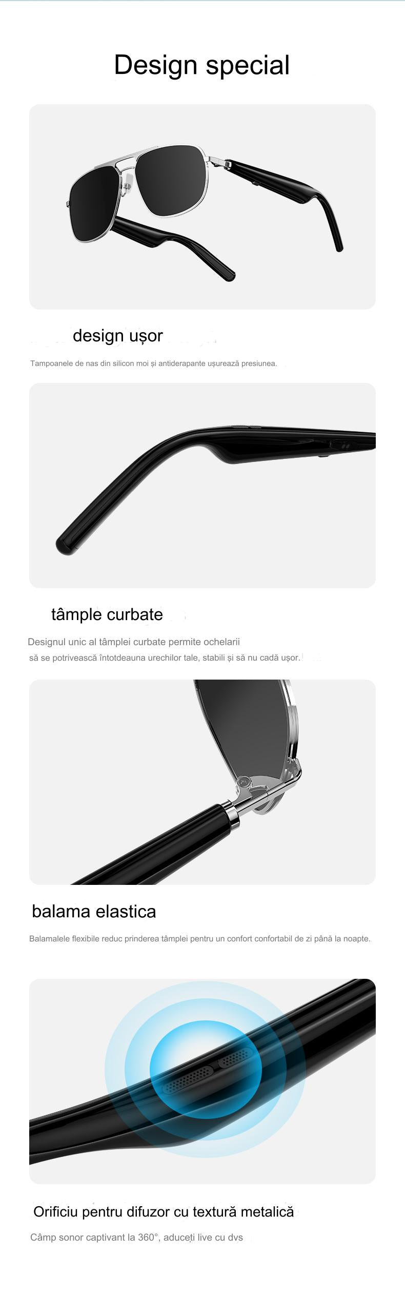 Ochelari de Soare Inteligenti Optimo Star idealSTORE, Bluetooth V5.0, Android/IOS, 2 Difuzoare, Voice Assistant, Apel Audie Smart, Control Muzica, Functie Camera, UV400, Impermeabili, Lentile Polarizate, Sistem Anti-Orbire, Autonomie Mare