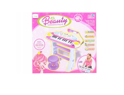 Orga Interactiva electronica IDL Mica Artista cu Scaunel si Microfon model 2019, Dimensiune 45,0 x 20,0 cm, Orga cu 24 Clape Silentioase, 16 Tipuri de melodii, Lumini Colorate, Buton pentru inregistrare si redare, materiale calitative,Culoare Roz