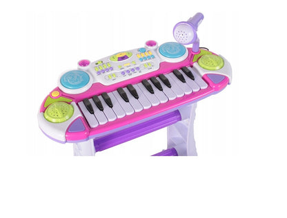 Orga Interactiva electronica IDL Mica Artista cu Scaunel si Microfon model 2019, Dimensiune 45,0 x 20,0 cm, Orga cu 24 Clape Silentioase, 16 Tipuri de melodii, Lumini Colorate, Buton pentru inregistrare si redare, materiale calitative,Culoare Roz