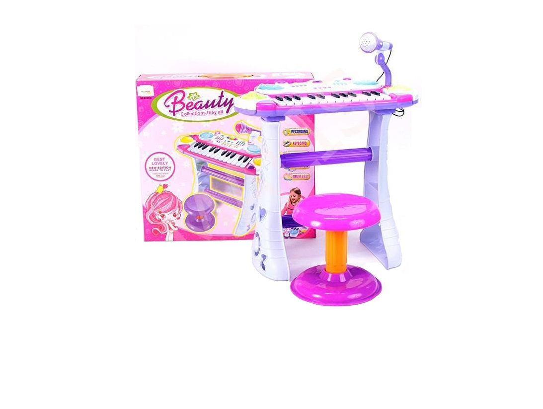 Orga Interactiva electronica IDL Mica Artista cu Scaunel si Microfon model 2019, Dimensiune 45,0 x 20,0 cm, Orga cu 24 Clape Silentioase, 16 Tipuri de melodii, Lumini Colorate, Buton pentru inregistrare si redare, materiale calitative,Culoare Roz