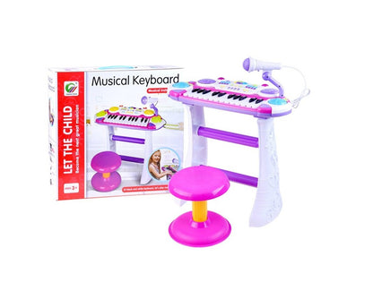 Orga Interactiva electronica IDL Mica Artista cu Scaunel si Microfon model 2019, Dimensiune 45,0 x 20,0 cm, Orga cu 24 Clape Silentioase, 16 Tipuri de melodii, Lumini Colorate, Buton pentru inregistrare si redare, materiale calitative,Culoare Roz