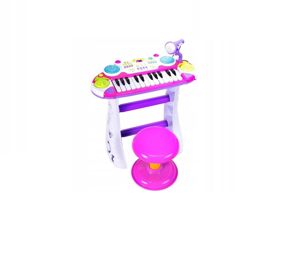 Orga Interactiva electronica IDL Mica Artista cu Scaunel si Microfon model 2019, Dimensiune 45,0 x 20,0 cm, Orga cu 24 Clape Silentioase, 16 Tipuri de melodii, Lumini Colorate, Buton pentru inregistrare si redare, materiale calitative,Culoare Roz