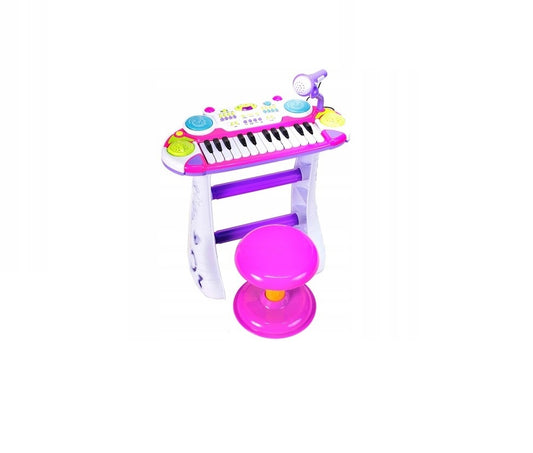 Orga Interactiva electronica IDL Mica Artista cu Scaunel si Microfon model 2019, Dimensiune 45,0 x 20,0 cm, Orga cu 24 Clape Silentioase, 16 Tipuri de melodii, Lumini Colorate, Buton pentru inregistrare si redare, materiale calitative,Culoare Roz