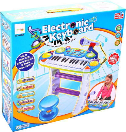 Orga Interactiva electronica IDL Mica Artista cu Scaunel si Microfon, Dimensiune 45,0 x 20,0 cm, Orga cu 24 Clape Silentioase, 16 Tipuri de melodii, Lumini Colorate, Buton pentru inregistrare si redare, materiale calitative, Culoare Albastru